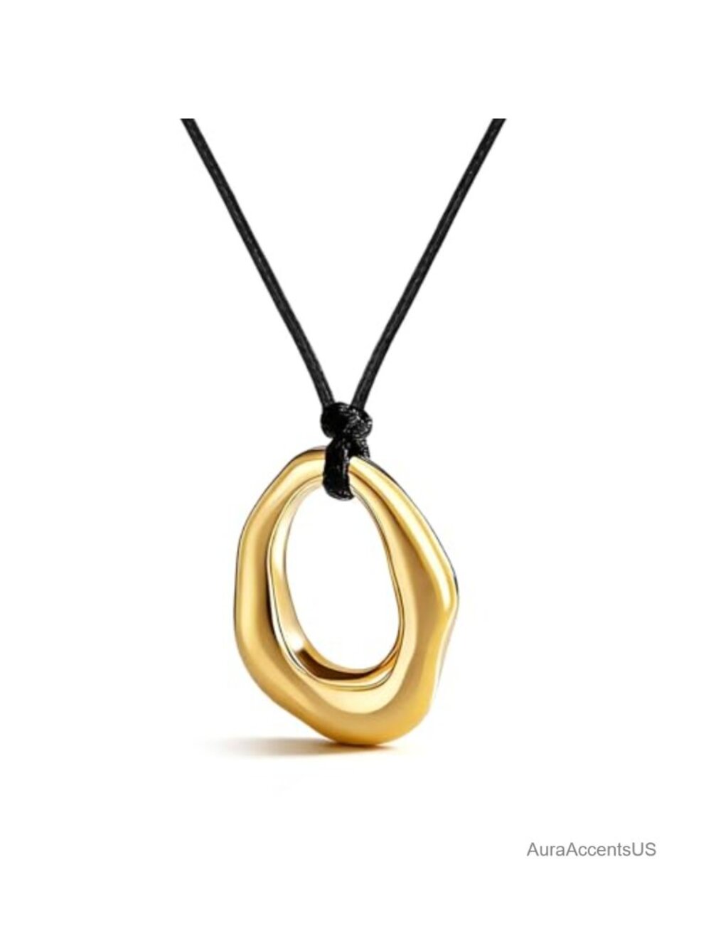 Gold Pendant Necklace Adjustable Black Cord Organic Oval Charm Boho